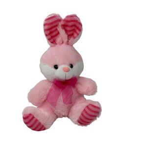 Pink Plush Bunny Rabbit Easter Sitting Stuffed Animal 14" Bow Striped Ears Feet